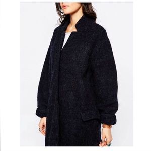 Free People Brushed Wool Trench Coat Blue Lace Large